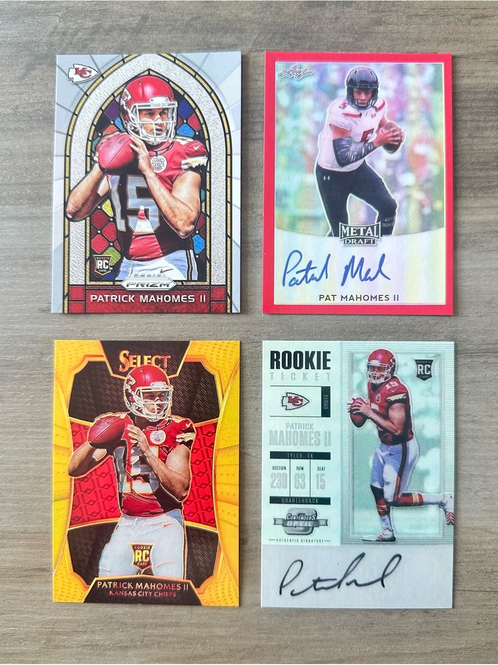 Patrick Mahomes Signed Rookie Lot of (4) Novelty Football Cards.